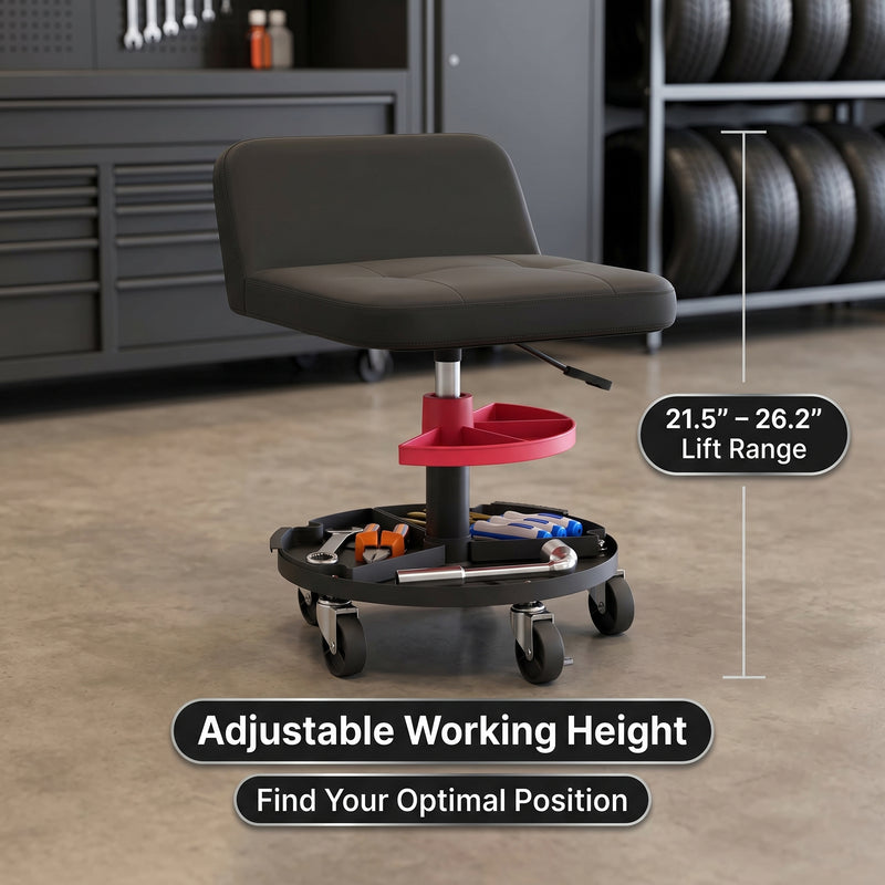 Man adjusting the pneumatic lifting lever under the yellow mechanic stool seat