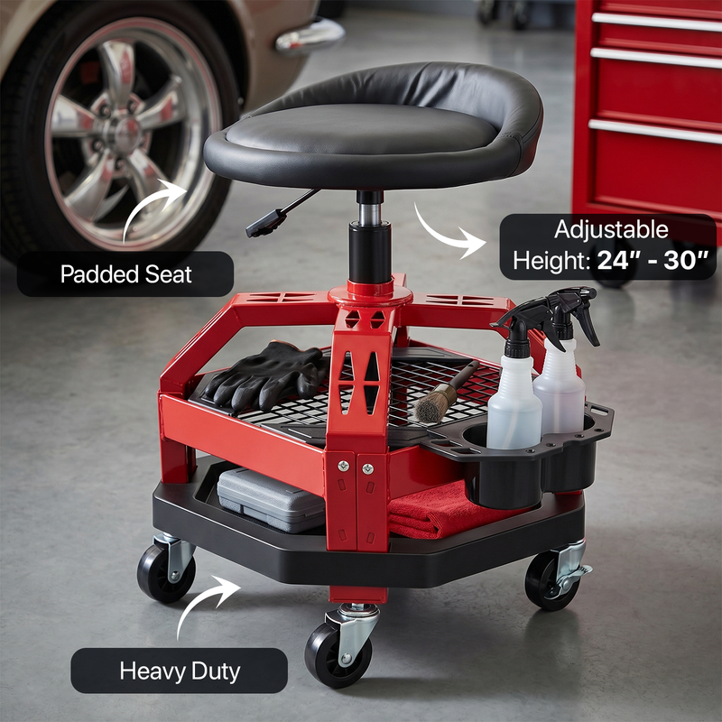 Man adjusting the pneumatic lifting lever under the yellow mechanic stool seat