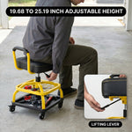 Man adjusting the pneumatic lifting lever under the yellow mechanic stool seat