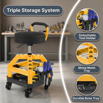 Man adjusting the pneumatic lifting lever under the yellow mechanic stool seat
