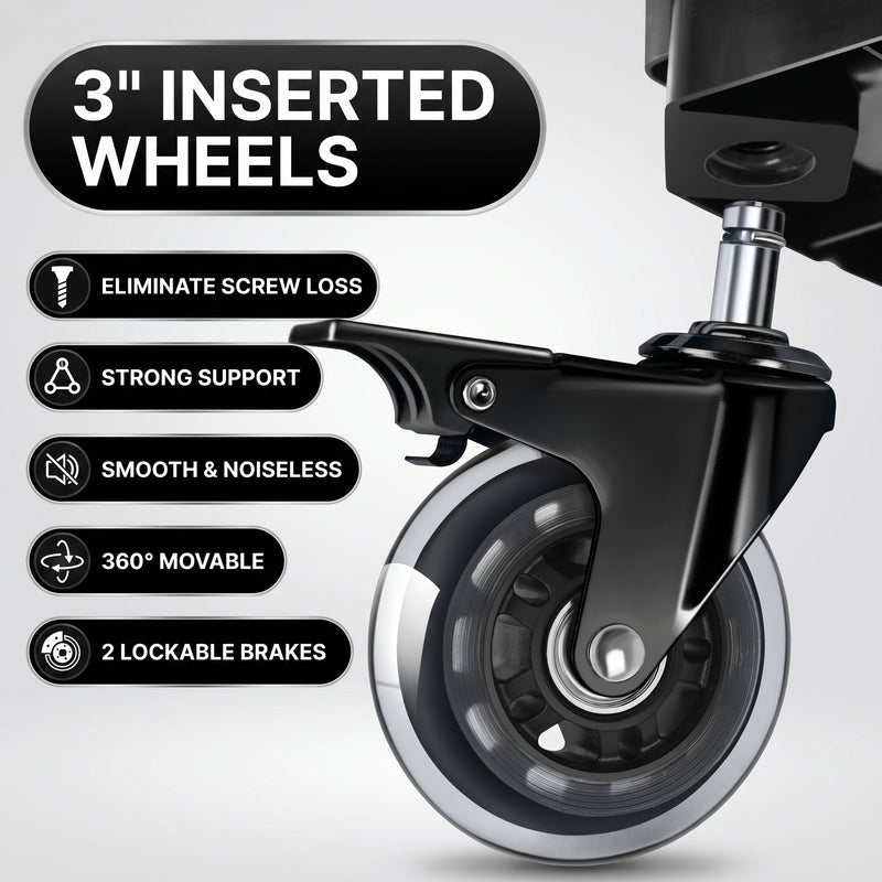 Close-up of the yellow mechanic stool's 3 inch caster wheel with lockable brake