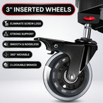 Close-up of the yellow mechanic stool's 3 inch caster wheel with lockable brake