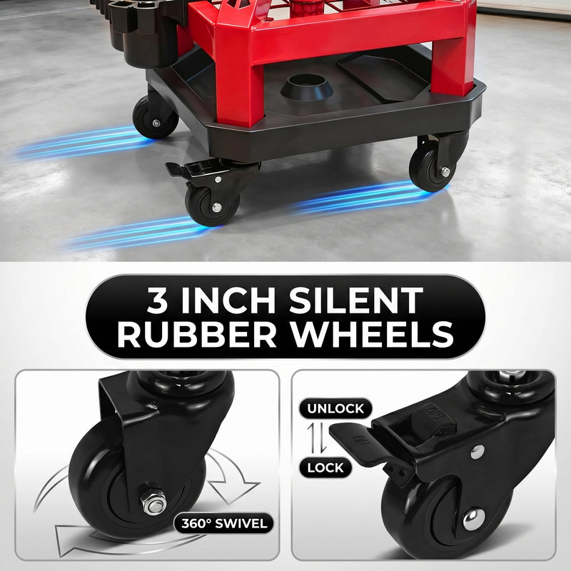 Close-up of the yellow mechanic stool's 3 inch caster wheel with lockable brake