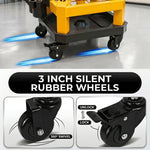 Close-up of the yellow mechanic stool's 3 inch caster wheel with lockable brake