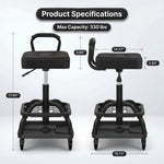 Dimension graphic for the yellow mechanic stool showing 27.95 inch height and 330 pound capacity