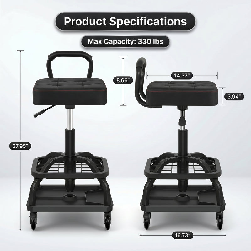 Dimension graphic for the yellow mechanic stool showing 27.95 inch height and 330 pound capacity