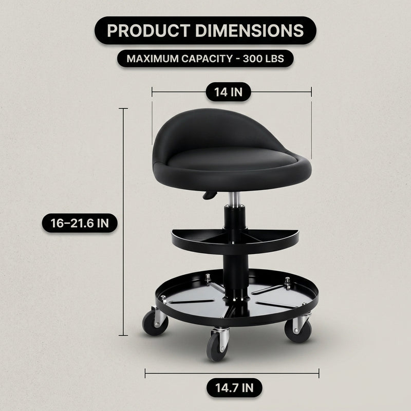 Dimension graphic for the yellow mechanic stool showing 27.95 inch height and 330 pound capacity