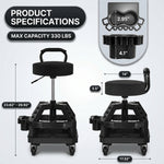 Dimension graphic for the yellow mechanic stool showing 27.95 inch height and 330 pound capacity