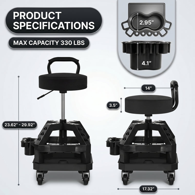 Dimension graphic for the yellow mechanic stool showing 27.95 inch height and 330 pound capacity