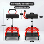 Dimension graphic for the yellow mechanic stool showing 27.95 inch height and 330 pound capacity