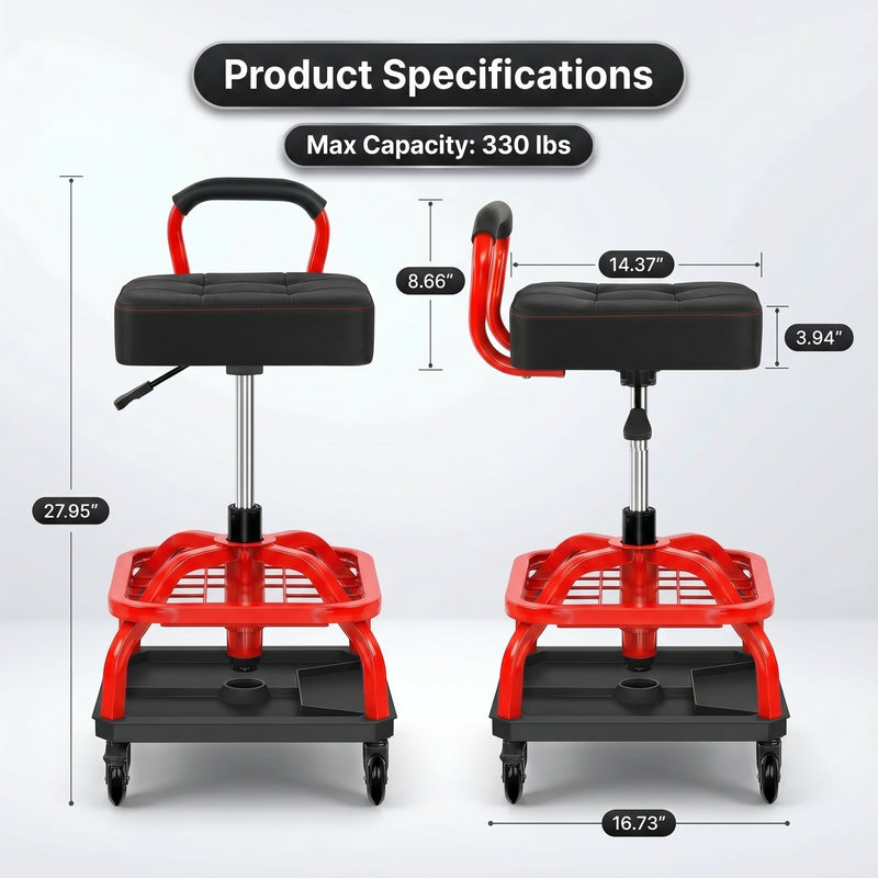 Dimension graphic for the yellow mechanic stool showing 27.95 inch height and 330 pound capacity