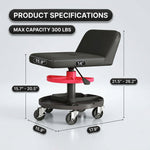 Dimension graphic for the yellow mechanic stool showing 27.95 inch height and 330 pound capacity