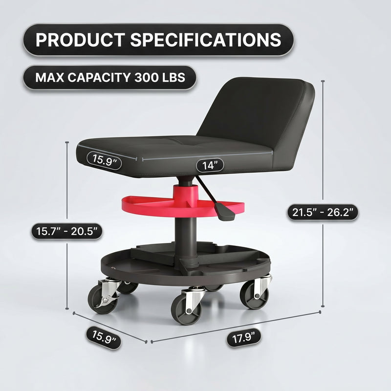 Dimension graphic for the yellow mechanic stool showing 27.95 inch height and 330 pound capacity