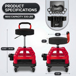 Dimension graphic for the yellow mechanic stool showing 27.95 inch height and 330 pound capacity
