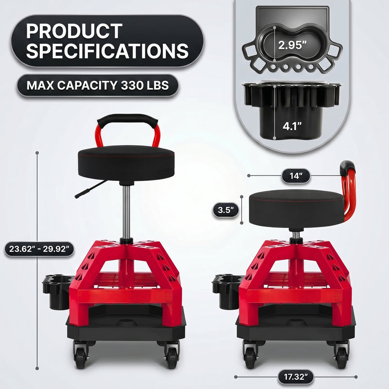 Dimension graphic for the yellow mechanic stool showing 27.95 inch height and 330 pound capacity