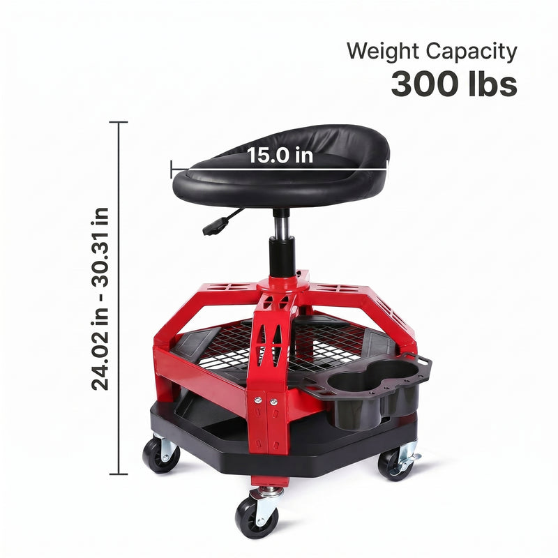 Dimension graphic for the yellow mechanic stool showing 27.95 inch height and 330 pound capacity