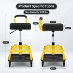 Dimension graphic for the yellow mechanic stool showing 27.95 inch height and 330 pound capacity