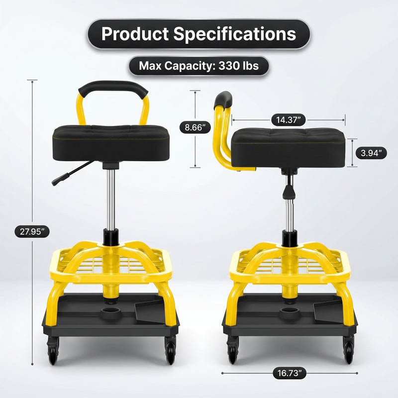 Dimension graphic for the yellow mechanic stool showing 27.95 inch height and 330 pound capacity