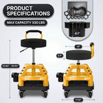 Dimension graphic for the yellow mechanic stool showing 27.95 inch height and 330 pound capacity