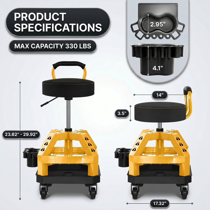 Dimension graphic for the yellow mechanic stool showing 27.95 inch height and 330 pound capacity