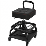 Big and tall mechanic stool with wheels in yellow, angled studio view showing padded square seat and carry handle