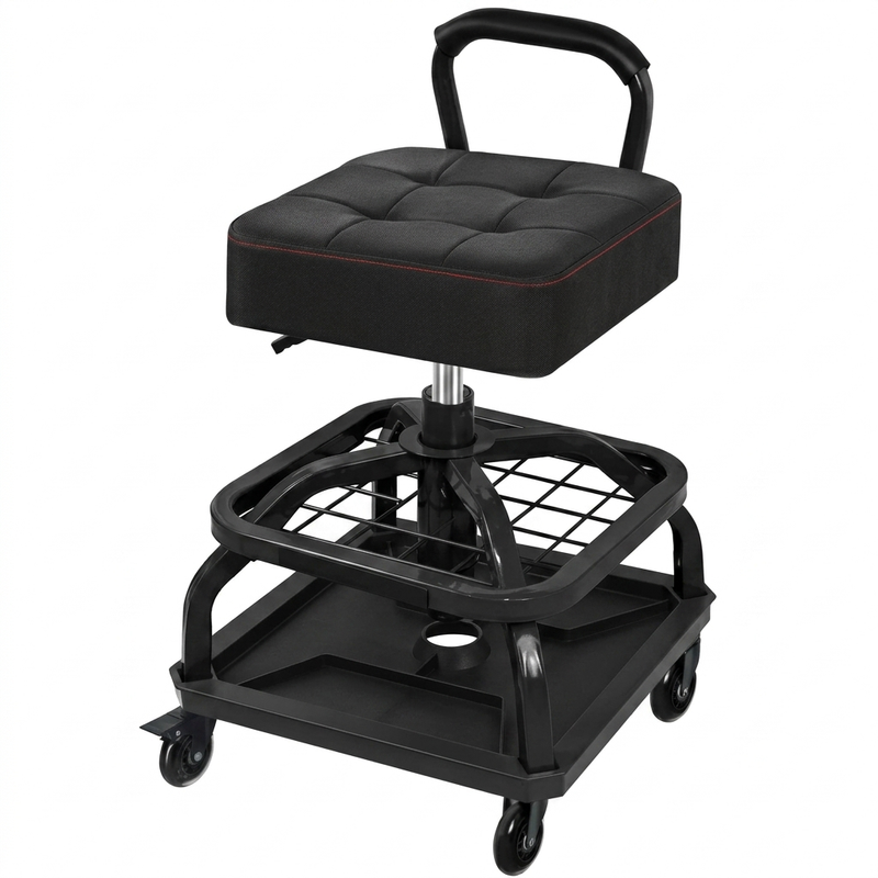 Big and tall mechanic stool with wheels in yellow, angled studio view showing padded square seat and carry handle