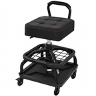 Big and tall mechanic stool with wheels in yellow, angled studio view showing padded square seat and carry handle