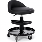 Big and tall mechanic stool with wheels in yellow, angled studio view showing padded square seat and carry handle