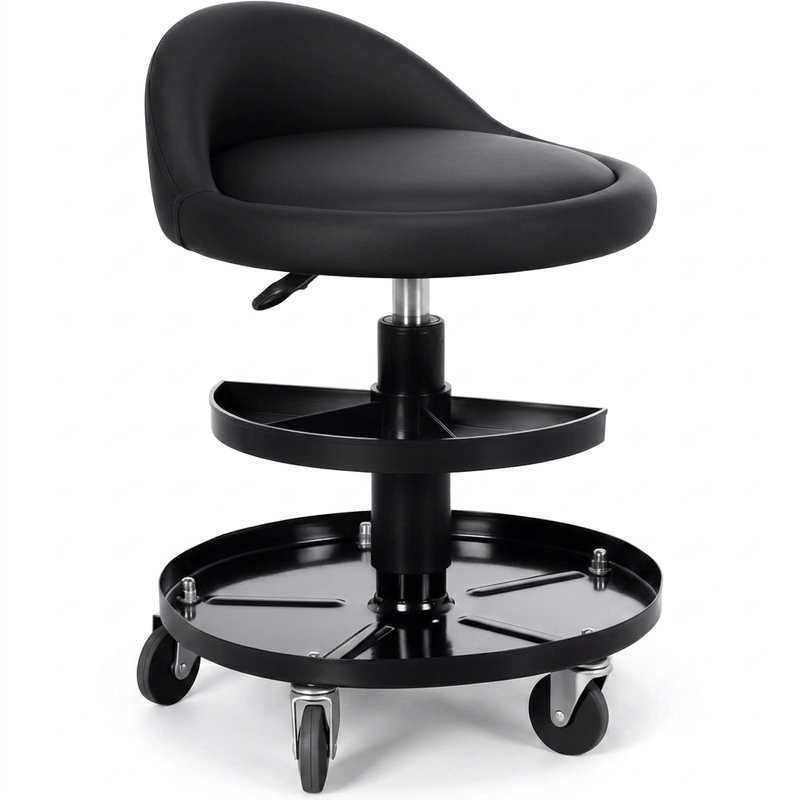 Big and tall mechanic stool with wheels in yellow, angled studio view showing padded square seat and carry handle