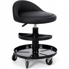 Big and tall mechanic stool with wheels in yellow, angled studio view showing padded square seat and carry handle