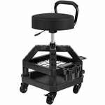 Big and tall mechanic stool with wheels in yellow, angled studio view showing padded square seat and carry handle