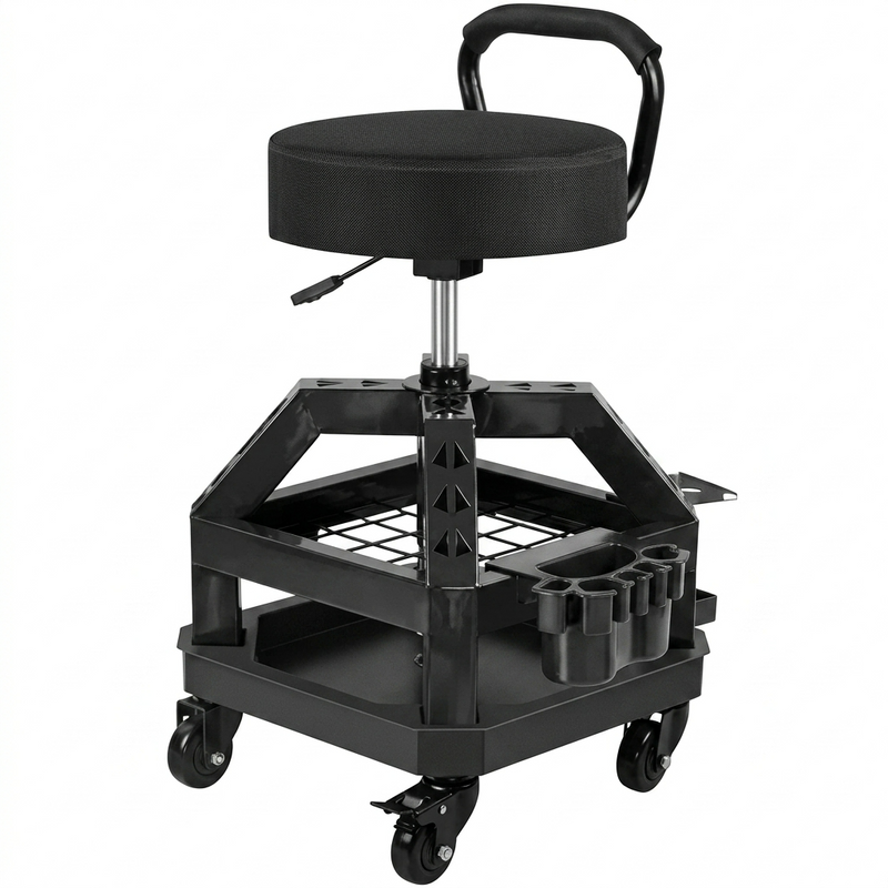 Big and tall mechanic stool with wheels in yellow, angled studio view showing padded square seat and carry handle