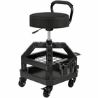 Big and tall mechanic stool with wheels in yellow, angled studio view showing padded square seat and carry handle