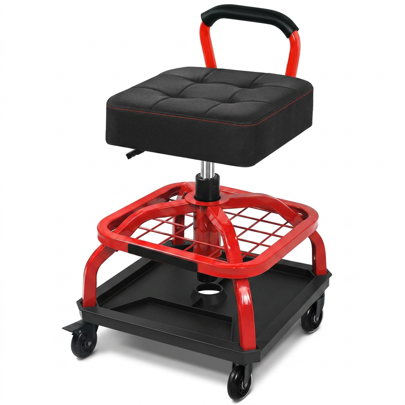 Big and tall mechanic stool with wheels in yellow, angled studio view showing padded square seat and carry handle