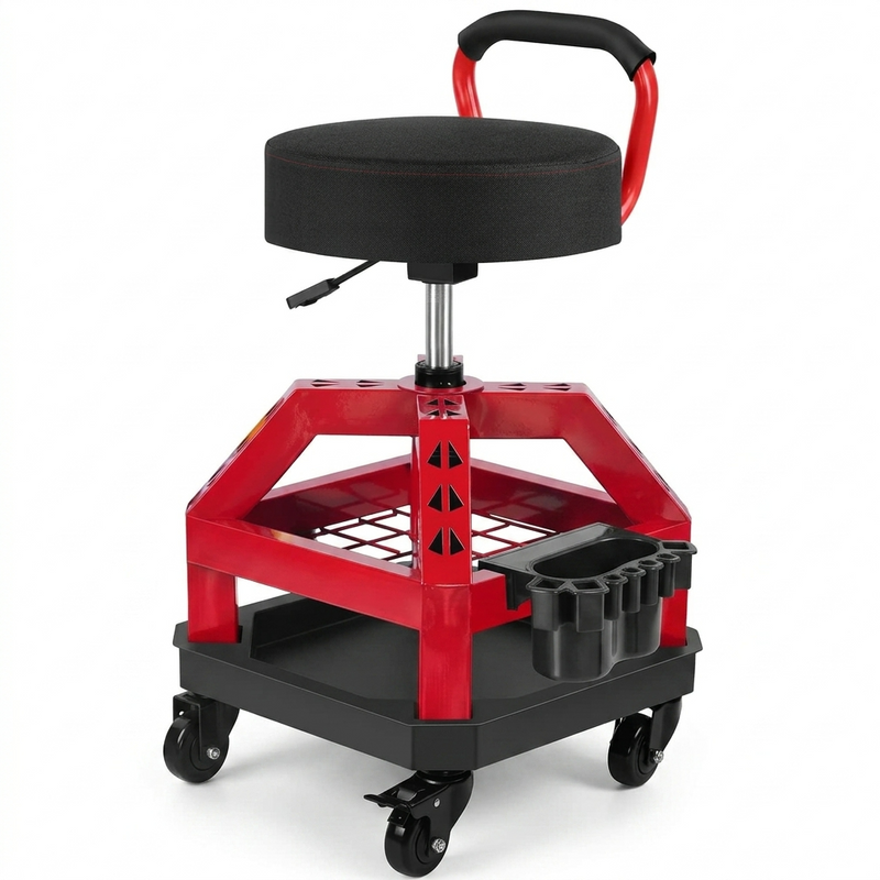 Big and tall mechanic stool with wheels in yellow, angled studio view showing padded square seat and carry handle