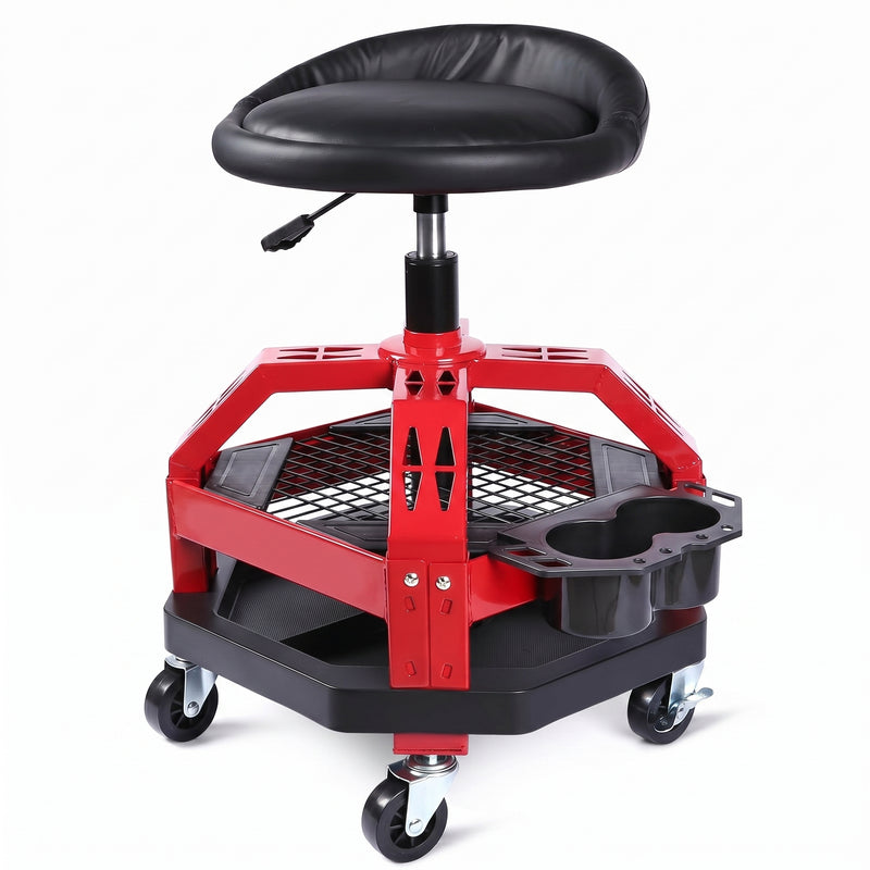 Big and tall mechanic stool with wheels in yellow, angled studio view showing padded square seat and carry handle