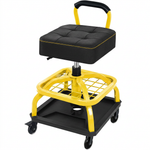 Big and tall mechanic stool with wheels in yellow, angled studio view showing padded square seat and carry handle