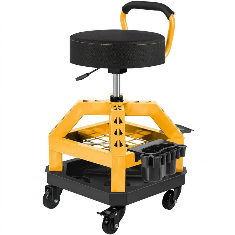 Big and tall mechanic stool with wheels in yellow, angled studio view showing padded square seat and carry handle