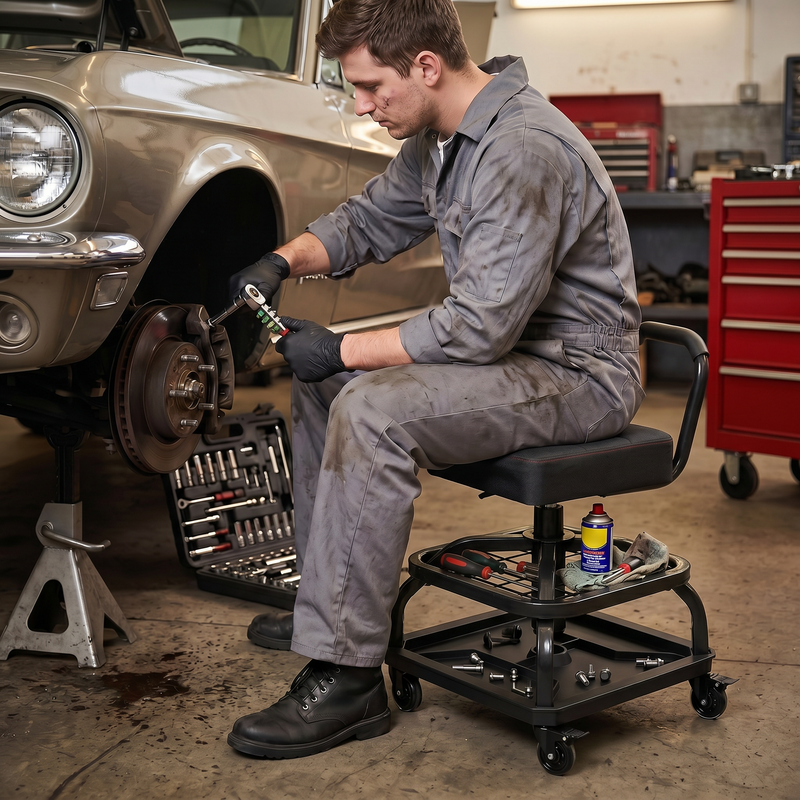 Mechanic seated on the yellow rolling stool performing a front brake job in a home garage