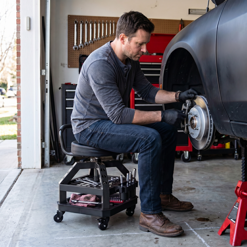 Mechanic seated on the yellow rolling stool performing a front brake job in a home garage