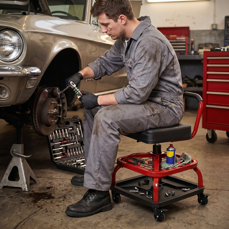 Mechanic seated on the yellow rolling stool performing a front brake job in a home garage