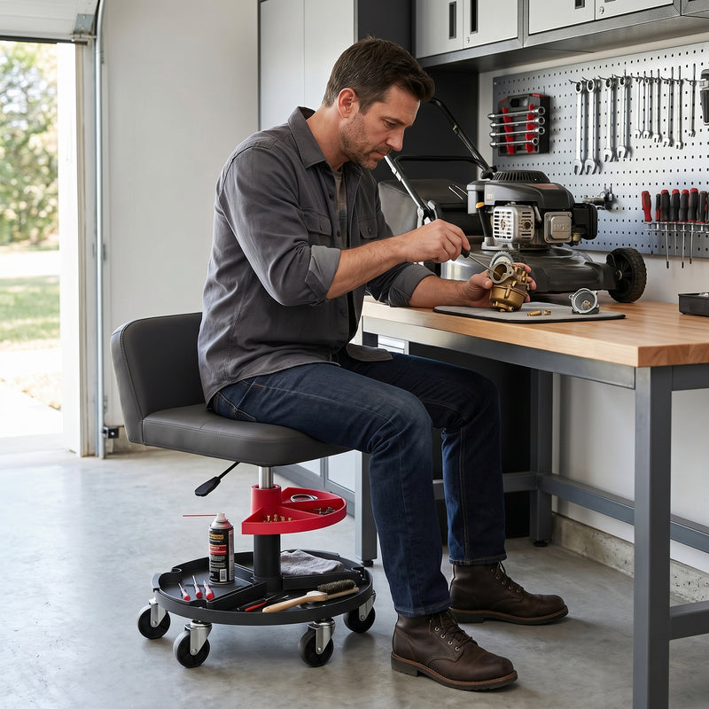 Mechanic seated on the yellow rolling stool performing a front brake job in a home garage