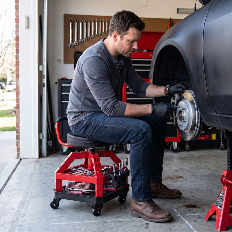 Mechanic seated on the yellow rolling stool performing a front brake job in a home garage