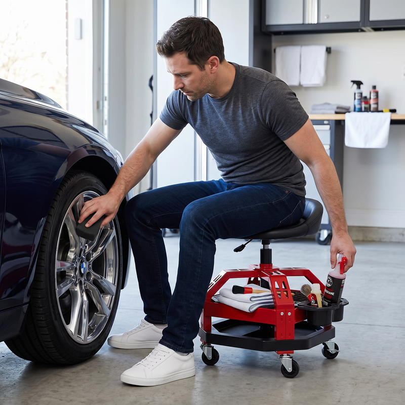 Mechanic seated on the yellow rolling stool performing a front brake job in a home garage