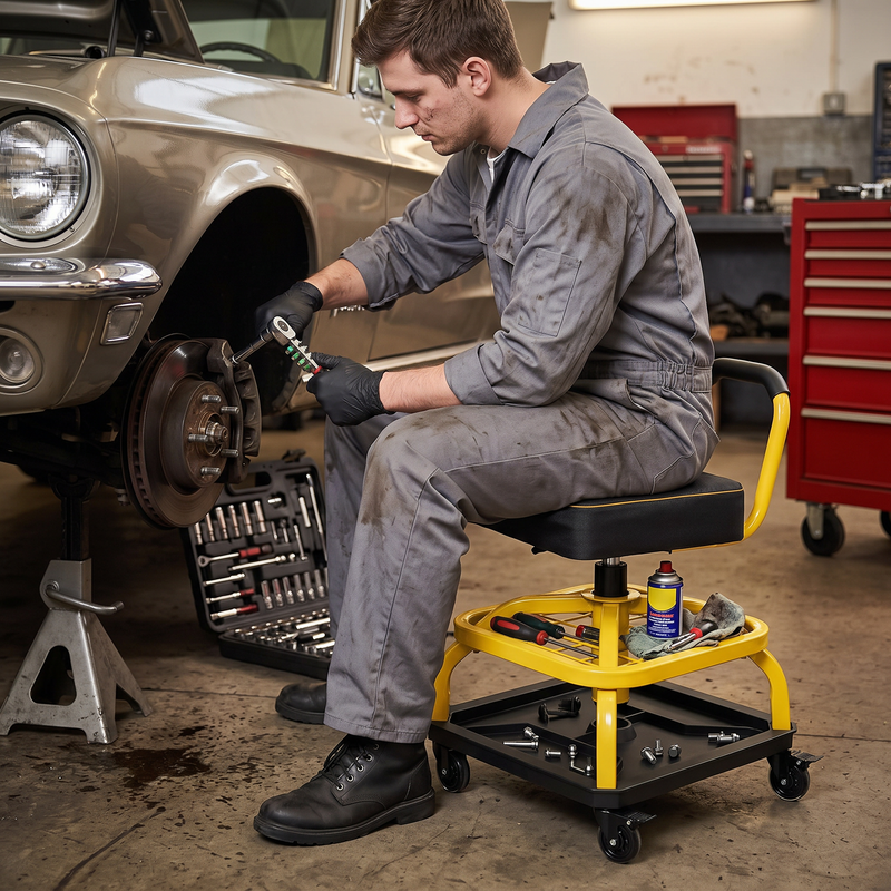 Mechanic seated on the yellow rolling stool performing a front brake job in a home garage