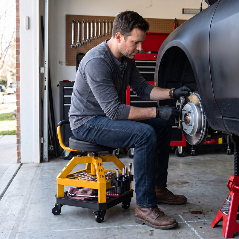 Mechanic seated on the yellow rolling stool performing a front brake job in a home garage