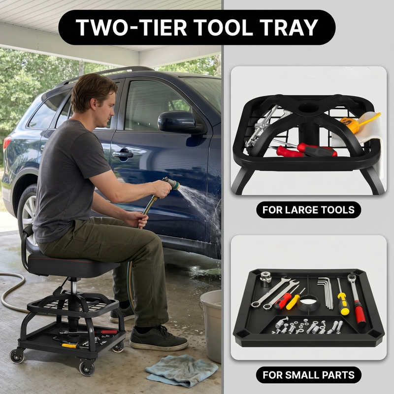 Two-tier tool tray on the yellow mechanic stool holding large tools on top and small parts below