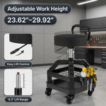 Two-tier tool tray on the yellow mechanic stool holding large tools on top and small parts below