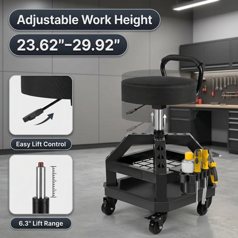 Two-tier tool tray on the yellow mechanic stool holding large tools on top and small parts below