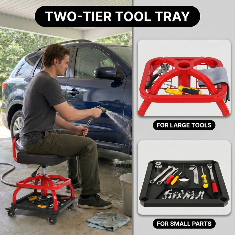 Two-tier tool tray on the yellow mechanic stool holding large tools on top and small parts below
